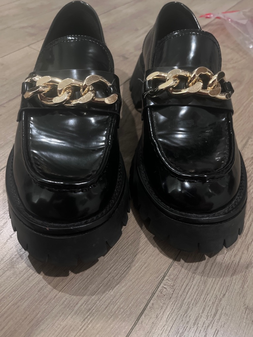 Jeffrey Campbell Black Patent Platform Loafers with Gold Chain